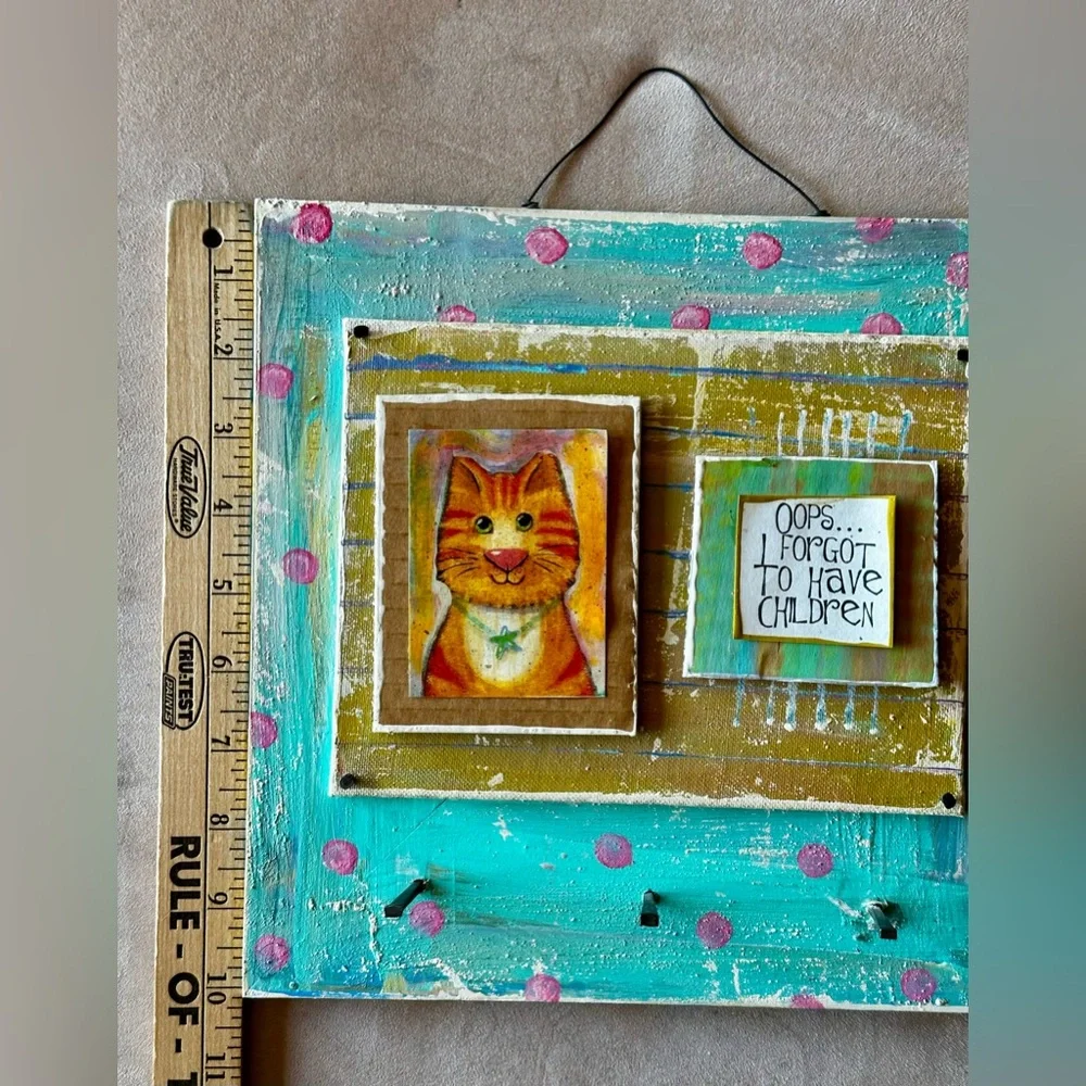 Handmade Cat Whimsical Folk Art Wall Hanging w/hooks. Double sided w/mirror!